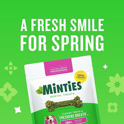 Minties Dog Dental Bone Treats, Tiny/Small Dental Dog Treats, 16 Ounces, Cleans Teeth, Fight Bad Breath, Removes Plaque and Tartar, 40 Count
