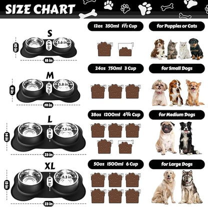 AsFrost Dog Food Bowls Stainless Steel Dog Bowls, Dog Food and Water Bowl Set with No Spill Non-Skid Silicone Mat, Dog Dishes for Small Medium Large Sized Dogs Pet Cat Food Bowls, 6 Cup, Black