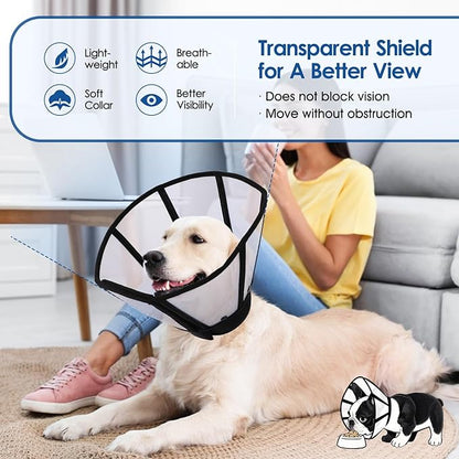 SUNFURA Dog Cone, Soft Cone for Dogs to Stop Licking, Transparent Pet Recovery Collar with Detachable Clear Shield, Neck E-Collar Alternative for Small Breeds, Black S
