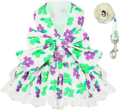 ABRRLO Dog Harness Dress Leash Set for Small Dog Summer Clothes Girl Female Puppy Cats Outfits Cute Floral Bowknot Princess Birthday Dress for Extra Small Pet Doggie Kitten Outfits Apparel(Green,M)