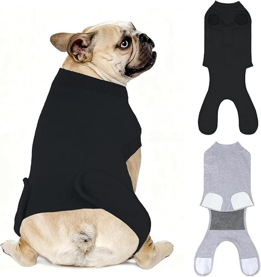 2 Packs Breathable Cotton Dog Recovery Suit for After Neuter Spay Abdominal Wounds Protector, Professional Anti-Licking Onesies for Male Female Pets Surgery Bandages, S Black Grey Pure