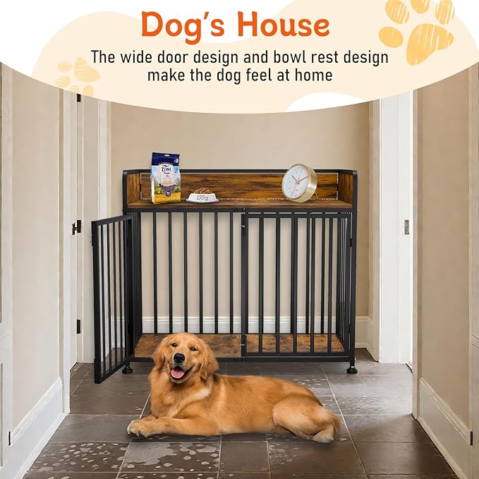 42 in Dog Crate Furniture, Medium Dog Kennel Indoor, Large Dog Kennel Indoor for Large Breed, Wooden Dog Cage Table Decorative for Small, Medium, Dog (Brown Wood & Black)