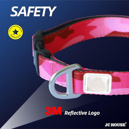 Soft Padded Dog Collar, Neck 16’’-25’’, Adjustable Heavy Duty Collar with 3M Reflective Logo for Medium, Large Dogs, Camo Pink, L