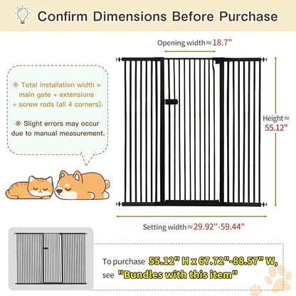 Lumizone Extra Tall Cat Gate 55.12" High Pressure Mounted Extra Wide 2025 New (17 Sizes) 1.37" Gap No Drilling Auto-Close One-Handed Operation Tall Pet Gate for Dogs(Black, 55.12" H x 29.92"-59.44" W)