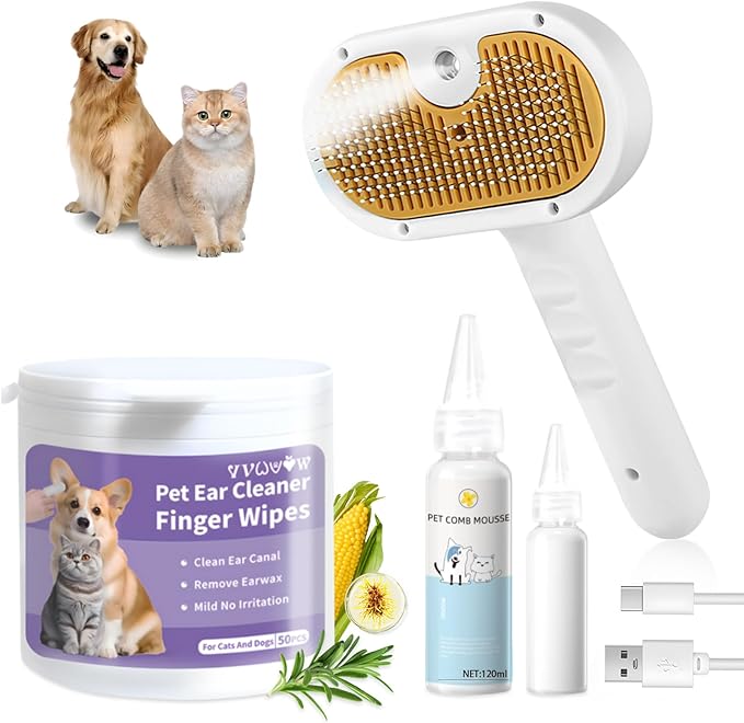 Pet Steam Brush for Dog & Cat – 3-in-1 Spray Hair Removal Comb for Shedding & Grooming, Softens Fur & Reduces Static – Water Brush for Long & Short Coats, Bath-Hating Pets, Includes Waterless Shampoo