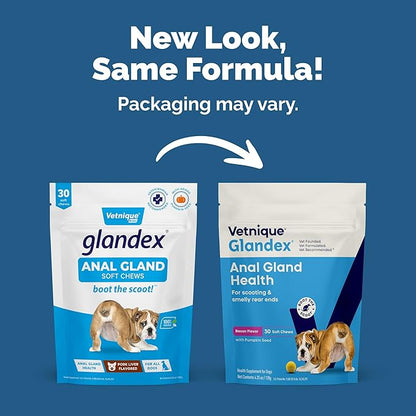 Vetnique Glandex Anal Gland Soft Chew Treats with Pumpkin for Dogs Digestive Enzymes, Probiotics Fiber Supplement for Dogs Boot The Scoot (Bacon Flavor Chews, 30 Count) (Pack of 2)