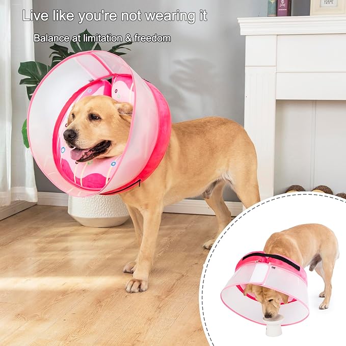 Inflatable Dog Cone Collar for Large Medium Small Dogs, Soft Dog Donut Collar Adjustable Recovery Cone for Pets After Surgery, Extra Enhanced Anti-Licking Guard Shield (Pink Donut, Large)