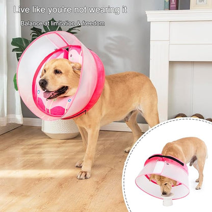 Inflatable Dog Cone Collar for Large Medium Small Dogs, Soft Dog Donut Collar Adjustable Recovery Cone for Pets After Surgery, Extra Enhanced Anti-Licking Guard Shield (Pink Donut, Large)