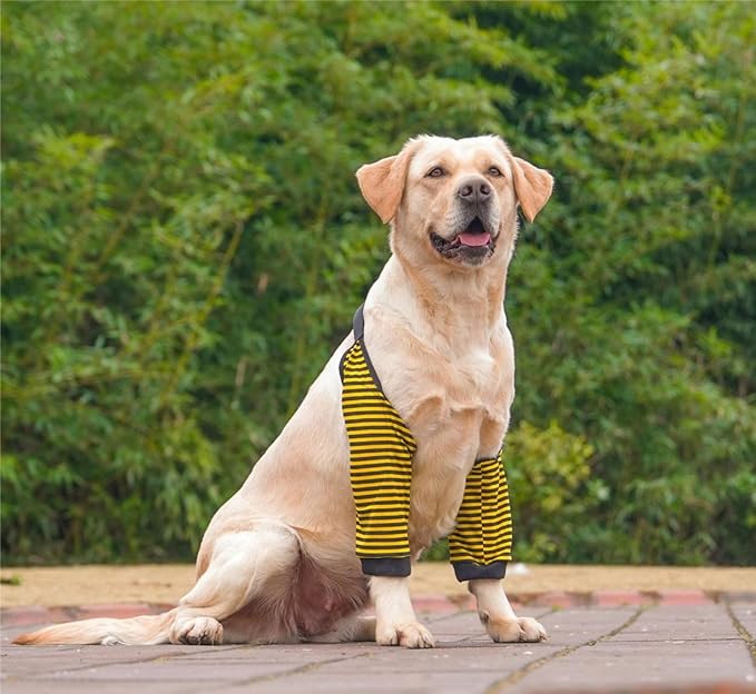HDKUW Dog Elbow Protector for Calluses, Recovery Suit for Front Legs, Cone Collar Alternative to Stop Licking Wounds, Cover Sleeve for Small Medium Large Dogs - Black Yellow XL