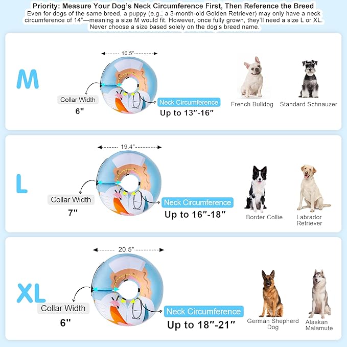 BEAUTYZOO Inflatable Dog Cone Collar Alternative After Surgery, Soft Donut Recovery E-Collar for Large & XL Dogs Girls Boys, Adjustable Pet Neck Cone to Stop Licking Wounds, Light Blue L