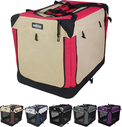 EliteField 4-Door Folding Soft Dog Crate with Curtains, Carrying Bag and Fleece Bed (2 Year Warranty), Indoor & Outdoor Pet Home (30" L x 21" W x 24" H, Red+Beige)