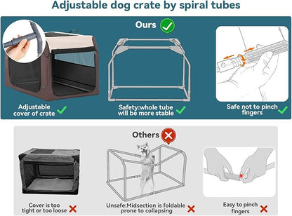 PETSFIT Soft Dog Crate, Travel Dog Crate - 24 Inch Sturdy Adjustable Structure, Easy to Set Up, Portable Dog Car Crate, Light Tough with 3 Mesh Doors Brown