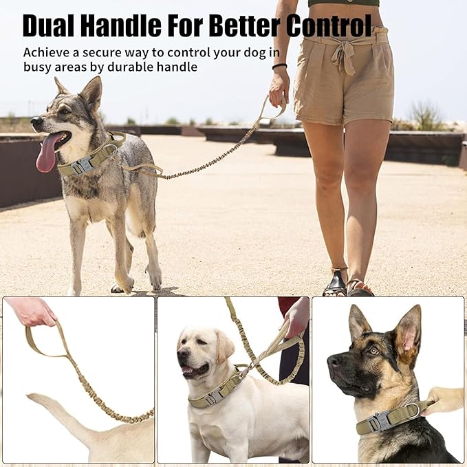Tactical Dog Collar Leash Set, Adjustable Military Training Nylon Collar Dog Training with Control Handleand Metal Buckle, Dog Collar for Medium Large Dogs (Brown,L)