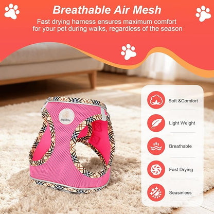 Hipubby Dog Harness Small Sized and Leash Set, No Pull Soft Mesh Puppy Vest, Reflective Breathable Lightweight Pet Harness, Harness for Small Medium Dogs and Cats - Rose Red/Khaki Trim, XXS