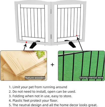ZJSF Freestanding Dog Fence Indoor, Foldable Dog Gate for Doorways, Stairs or Hallways, Sturdy Wood Extra Wide Pet Gate with Support Feet for The House, White, 24 "Height-2 Panels