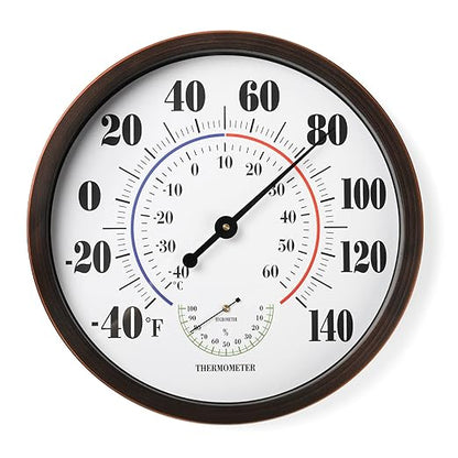 Indoor Outdoor Thermometer Wall Large Numbers Thermometer No Battery 12" Hanging Digital Weather Hygrometers for Home Garden Outside Patio Decor (Brown)