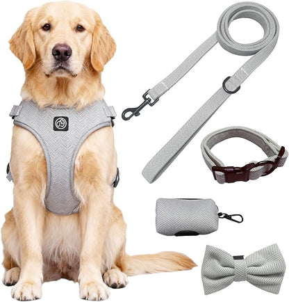 EVERKING 5-Piece Dog Travel Set, Adjustable Harness, Leash, Collar, Poop Bags, Bowtie for Small Medium Dogs, Beige, Breathable No-Pull Design (Slate Gray, M)