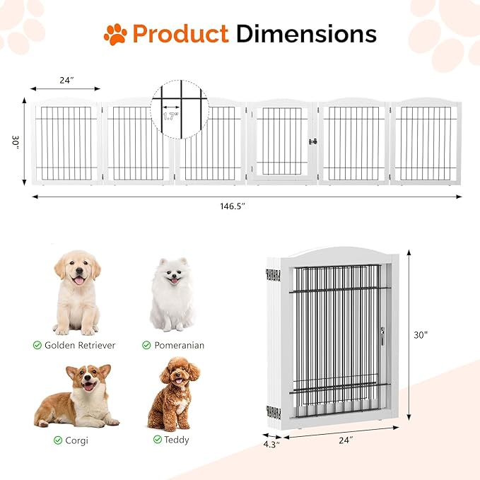 Bonnlo Freestanding Dog Gate, 24" H Pet Gate with 6 Panel Walk Through Door, Foldable Dog Safety Fence for Stairs Doorways Fireplace Up to 146'' Wide (White, 24" H-6 Panels with Door)