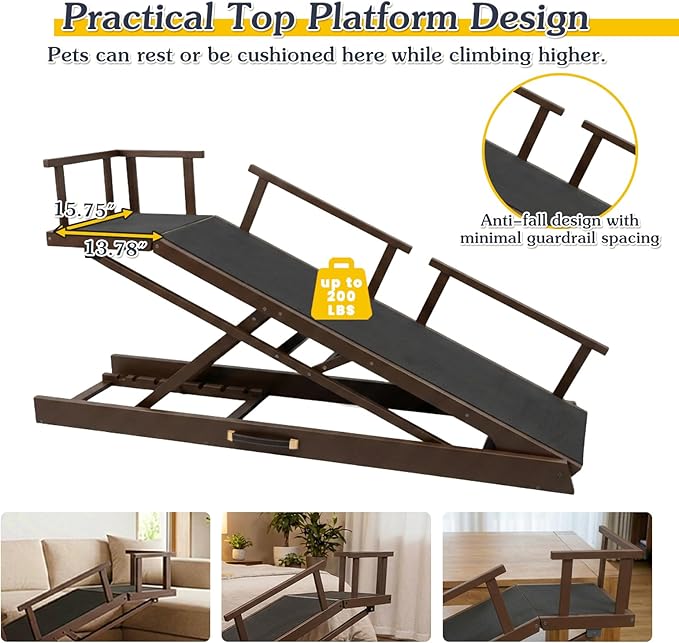 6 Level Height Adjustable Dog Ramp for Bed, Couch 65" Foldable Pet Ramp with Non-Slip Mat，DIY Glow Strips & Rest Platform Heavy Duty Dog Stairs for Large Dogs up to 200Lbs ，Brown