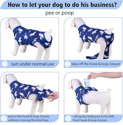 PetWarm Surgery Suit for Dogs, Onesie for Dogs After Surgery, Protective Dog Onesie After Spay or Neuter, Recovery Suit for Comfort, Full Coverage Dog Pajama, Unicorn Pattern, Blue, S
