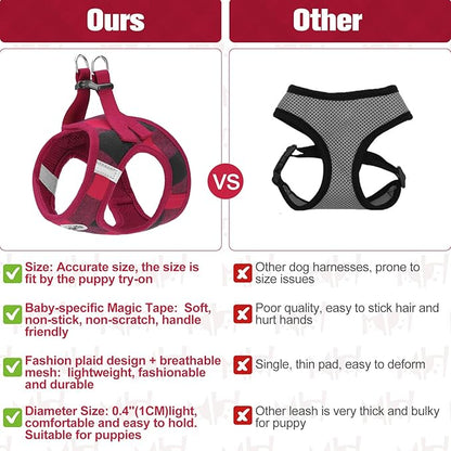 BEAUTYZOO Small Dog Harness and Leash Set,Step in No Choke No Pull Soft Mesh Dog Harnesses Reflective for Extra-Small/Small Medium Puppy Dogs and Cats, Plaid Dog Vest Harness for XS S Pets, Red L