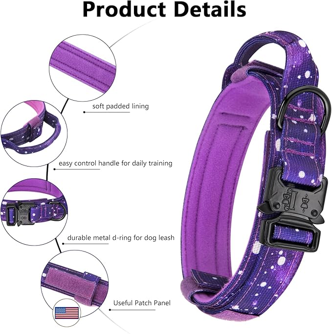 DAGANXI Tactical Dog Collar, Adjustable Military Training Nylon Dog Collar with Control Handle and Heavy Metal Buckle for Medium and Large Dogs, with Patches and Airtags Case (M, Purple Sky-Set)