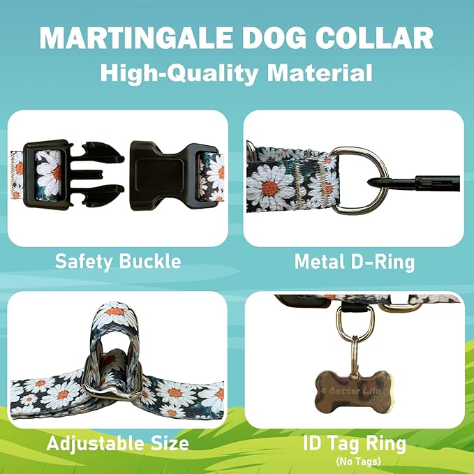 Martingale Collar for Dogs Flower Dog Collar with Quick Release Buckle Adjustable Nylon Soft Dog Collars for Small Dogs, Daisy