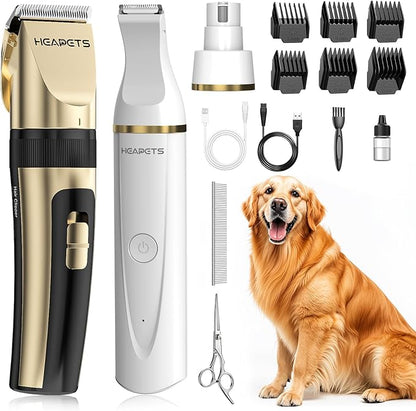 HEAPETS Dog Hair Clippers for Grooming Kit and Dog Paw Trimmer Nail Grinder for Grooming, Low Noise Rechargeable Cordless, Shaver Grooming Supplies for Pet Cats Dogs (Gold, White)