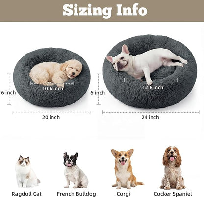 WROS Calming Dog Bed, 24" x 24" x 6" Fits Cat & Dog, Anti-Slip Round Washable Faux Fur for Doze Off, Napping Orthopedic, Dark Grey