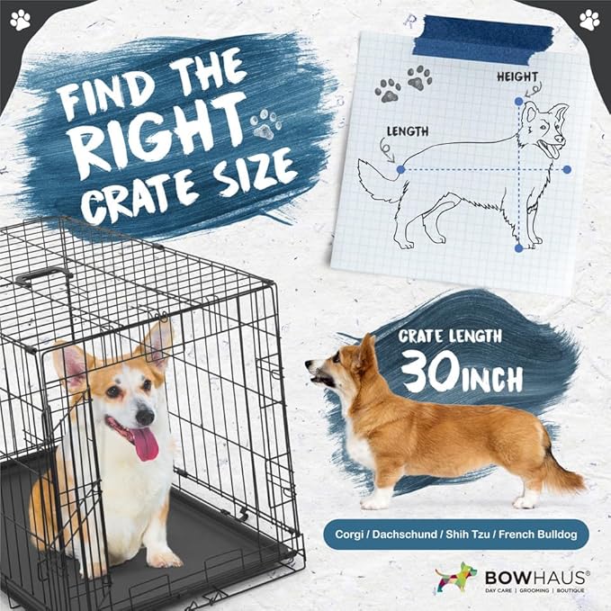 BOWHAUS 30-Inch Single Door Dog Crate Kit Includes Crate Cover and Soft Dog Bed, Indoor Dog Cage with Leak-Proof Pan, Foldable Wire Metal Dog Kennel for Small, Medium Dog