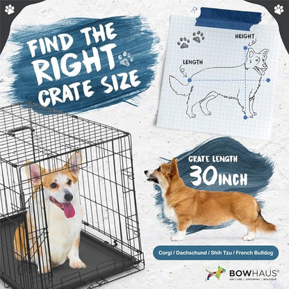 BOWHAUS 30-Inch Single Door Dog Crate Kit Includes Crate Cover, Dog Bed & 2 Bowls and Bowl Racks, Indoor Dog Cage Bundle Set, Foldable Wire Metal Dog Kennel w/Pan for Small, Medium Dog