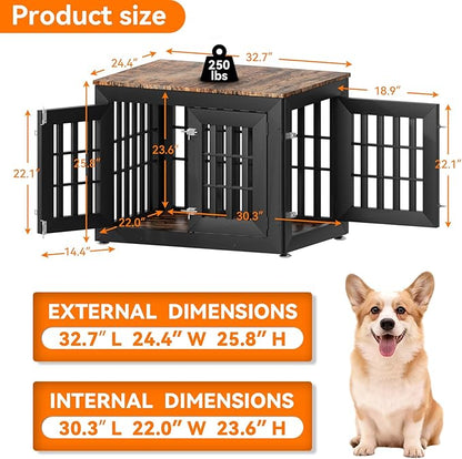 Snuowu 32" Heavy Duty Dog Crate Furniture for Small,Medium and Large Dogs,Rustic Wooden Dog Cage Kennel Indoor Furniture with Waterproof Top,Decorative Pet House Side End Table (Black & Wood)