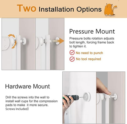 Senneny 63” Extra Tall Cat Gate Auto Close & One-Hand Open, Includes Extension Kits, No Drilling Pressure Mounted Kits and Wall Mounted Kits, Metal Pet Gate Fits Openings 33.4” to 37.4” Wide, White