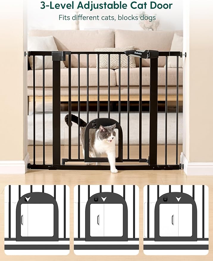 Babelio Upgraded Baby Gate with Cat Door, Auto Close Durable Dog Gate for Stairs, Doorways and House, Easy Walk Thru Safety Gate with Pet Door Includes 4 Wall Cups, 29-48" Wide, 30" Tall, Black