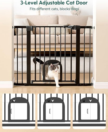 Babelio Upgraded Baby Gate with Cat Door, Auto Close Durable Dog Gate for Stairs, Doorways and House, Easy Walk Thru Safety Gate with Pet Door Includes 4 Wall Cups, 29-48" Wide, 30" Tall, Black