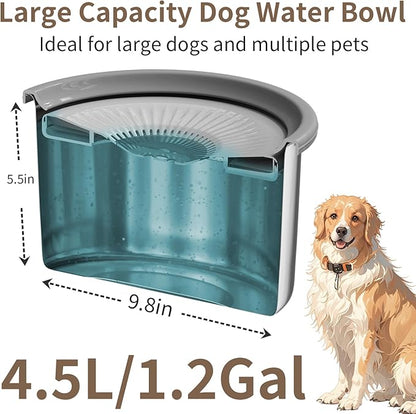 4.5L Dog Water Bowl No Spill 1.2 Gallon Stainless Steel Water Bowl for Dogs 150oz No Mess Slow Water Feeder with Anti-Slip Mat for Messy Drinkers 4.5L+2 Filters