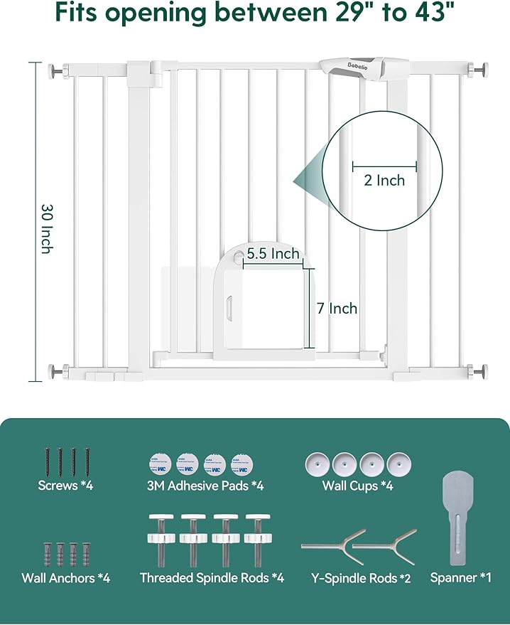 Babelio Baby Gate with Adjustable Cat Door,29-43" Auto Close Durable Pet door for Stairs,Doorways and House,Pressure Mounted,Easy Install,Effortless Walk Thru,White