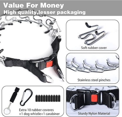 Dog Prong Collar, Walking Training Collar for Small Medium Large Dogs with Quick Release Buckle, Adjustable Pinch Collar with Rubber Caps, No Pull Dog Collar Prong(M,16"-18")