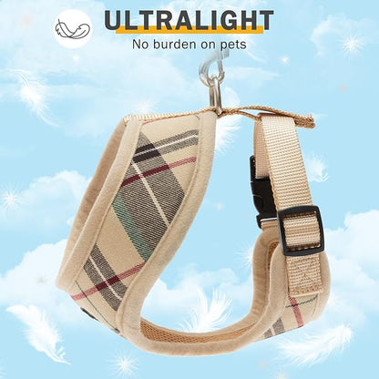 SCENEREAL Puppy Dog Harness with Leash Set for Small Medium Sized Dogs, Soft Mesh Pet Harnesses and Leash, No Chock Plaid No Pull Vest for Dogs Cats, Chihuahua,Bulldog (Beige S)