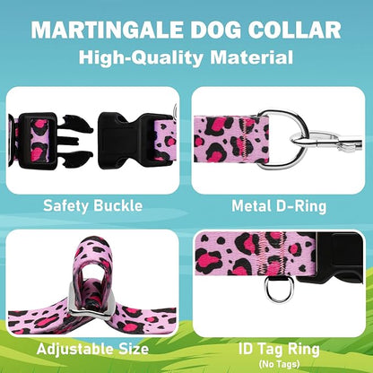 Martingale Collar for Dogs with Buckle No Pull Adjustable Nylon Limited Slip Training Dog Collars (Pink Leopard, Medium)