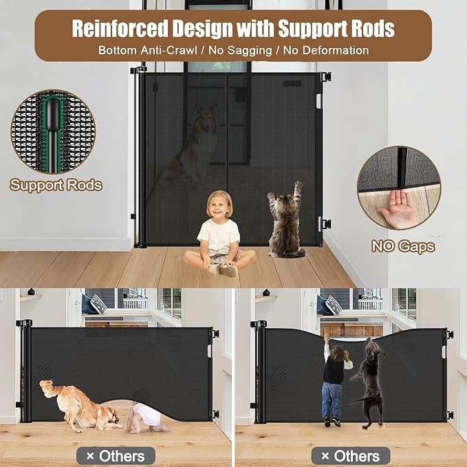 Reinforced 55" Extra Tall Pet Gate for Doorway - No Jumping Over, 55" Wide Retractable Baby Gates with Support Rods - No Crawling Under, Climb Proof Cat Gate for Stairs Tall Retractable Dog Gate/Black