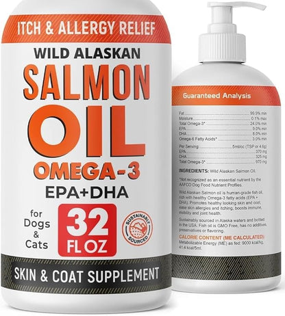 StrellaLab 32 OZ Salmon Oil for Dogs - Omega 3 for Dogs & Cats, Itch & Allergy Relief, Wild Alaskan Salmon Oil for Skin & Coat, Fish Oil Liquid, Shedding Health Support EPA & DHA Fatty Acids