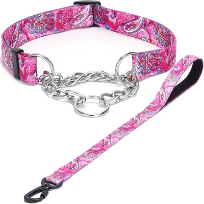 Martingale Dog Collar and Leash Set, Stainless Steel Chain, No Pull Training Collar with Flower Design, for Small, Medium, Large Dogs (NO30, S)