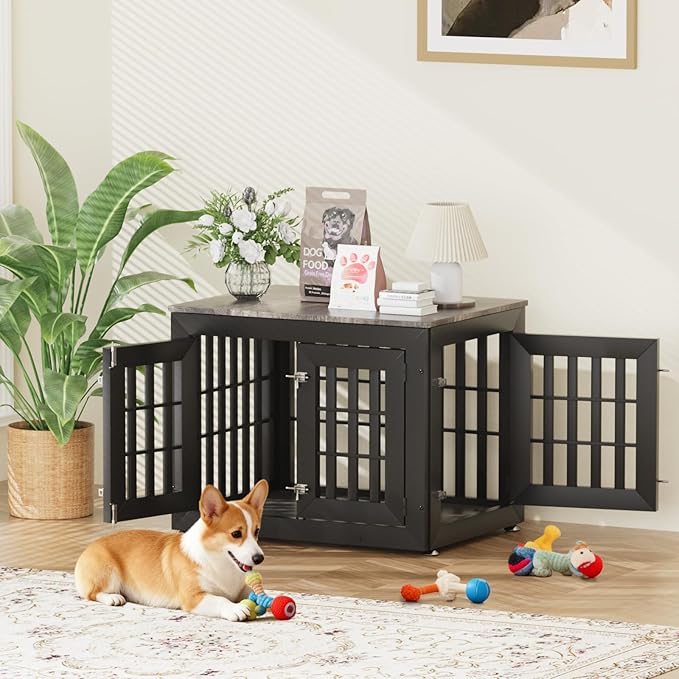 Snuowu 32" Heavy Duty Dog Crate Furniture for Small,Medium and Large Dogs,Rustic Wooden Dog Cage Kennel Indoor Furniture with Waterproof Top,Decorative Pet House Side End Table (Black & Grey)