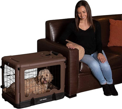 Pet Gear “The Other Door” 4 Door Steel Crate for Dogs/Cats with Garage-Style Door, Includes Plush Bed + Travel Bag, No Tools Required, New Chocolate, 27 Inch
