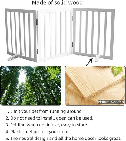 ZJSF Freestanding Indoor Dog Gate for House Foldable Wood White Puppy Gate for Doorways Pet Gate for Stairs Extra Wide Pet Fence 24" Height 3 Panels