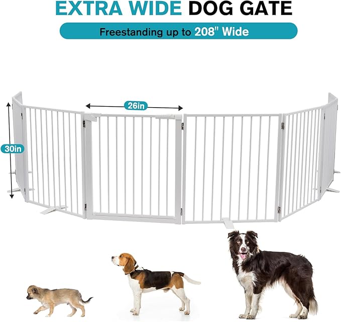 Snagle Paw Extra Wide Dog Gate,Free Standing Dog Fence with Door, Up to 208 Inch Wide Pet Gate with Support Feet for Stairs, Hallways, Doorways, Yard (White, 8 Panels)