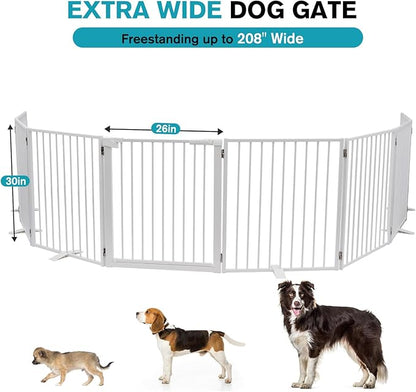 Snagle Paw Extra Wide Dog Gate,Free Standing Dog Fence with Door, Up to 208 Inch Wide Pet Gate with Support Feet for Stairs, Hallways, Doorways, Yard (White, 8 Panels)