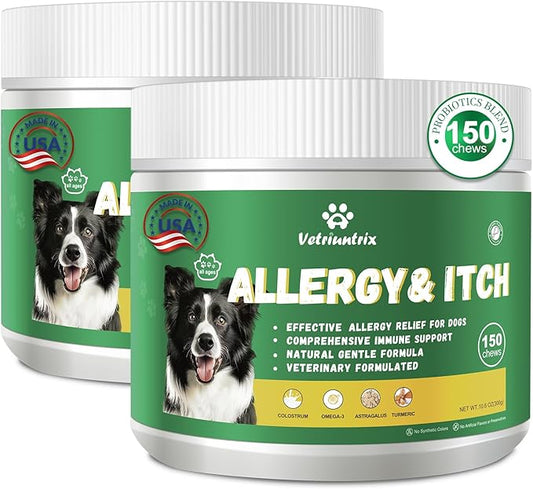 Dog Allergy Relief Chews, Natural Dog Itch Relief Chews with Omega-3, Astragalus & Turmeric for Immune Support, Prebiotic for Dog Skin Allergy Relief, Paw Licking & Seasonal Itching-300ct