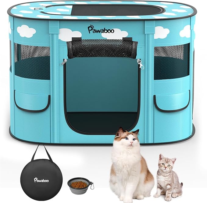 Dog Playpen, Portable Pet Cat PlayPen, 600D Oxford Dog Kennel Tent Crate, Waterproof&Breathable, Indoor Outdoor Travel Camping for Medium/Large Breed with Carrying Case+Bowl(M), Blue + White Clouds